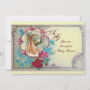INVITATION STORK BÉBÉ FILLE DOUCHE ROSE BLEU FLORAL MONOGRAM