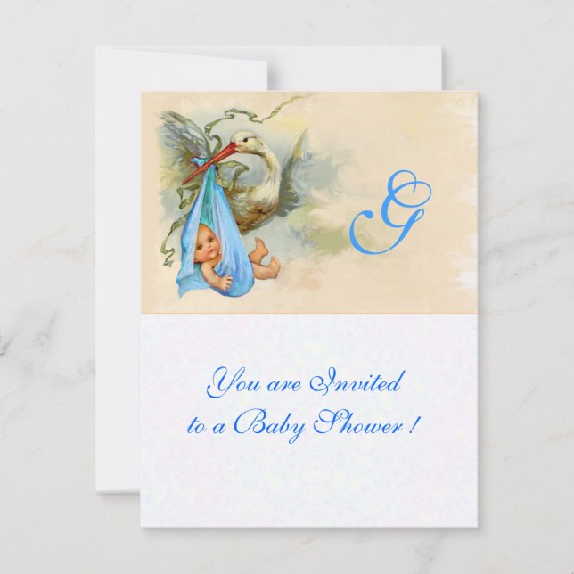 INVITATION STORK BLUE BÉBÉ GARÇON DOUCHE MONOGRAM (Devant)
