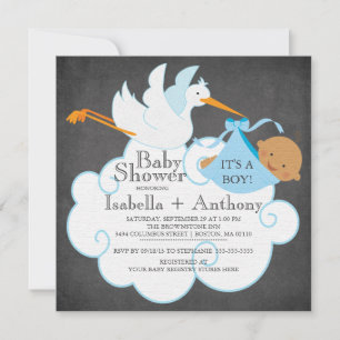 Invitation Stork Chalkboard African American Boy Baby shower