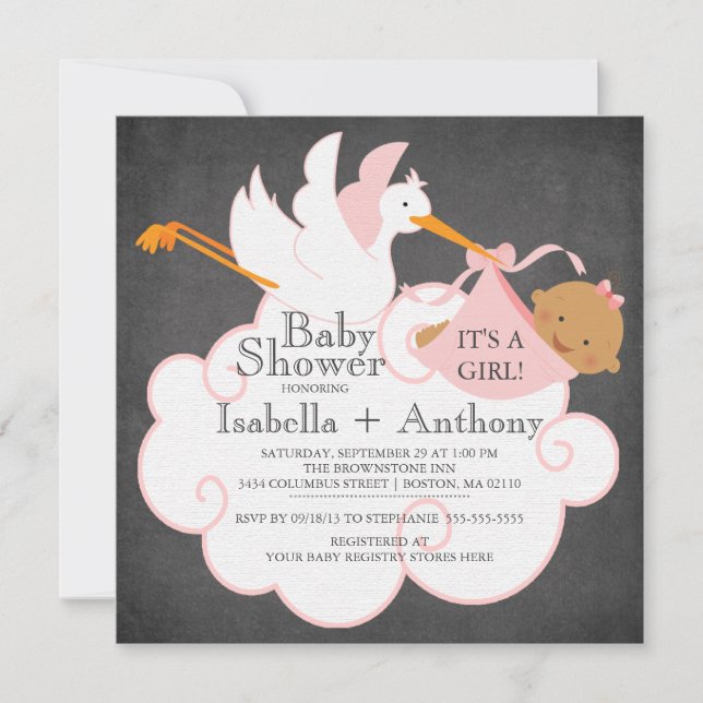 Invitation Stork Chalkboard African American Girl Baby shower (Devant)