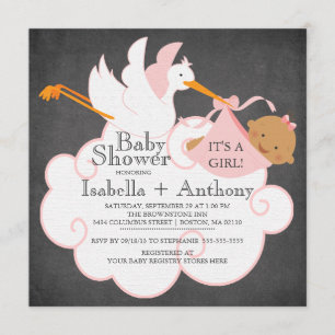 Invitation Stork Chalkboard African American Girl Baby shower