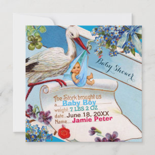 INVITATION STORK, FLEURS GARÇON BABY SHOWER STATS DE NAISSANC