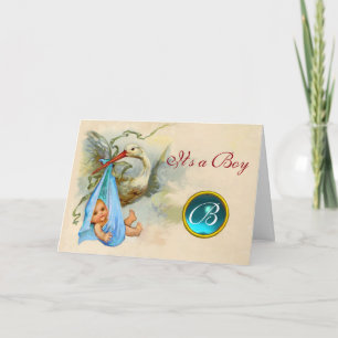 INVITATION STORK GARÇON BABY SHOWER BLUE GEM MONOGRAM