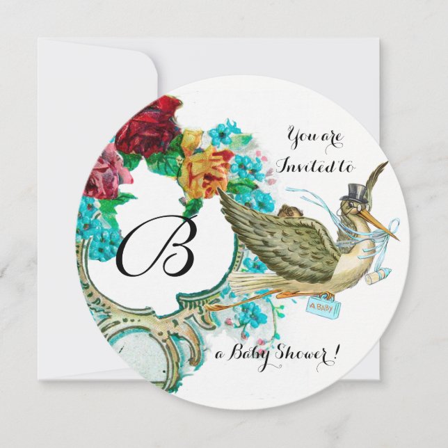 INVITATION STORK GARÇON BABY SHOWER MONOGRAMME FLORAL AVEC RO (Devant)