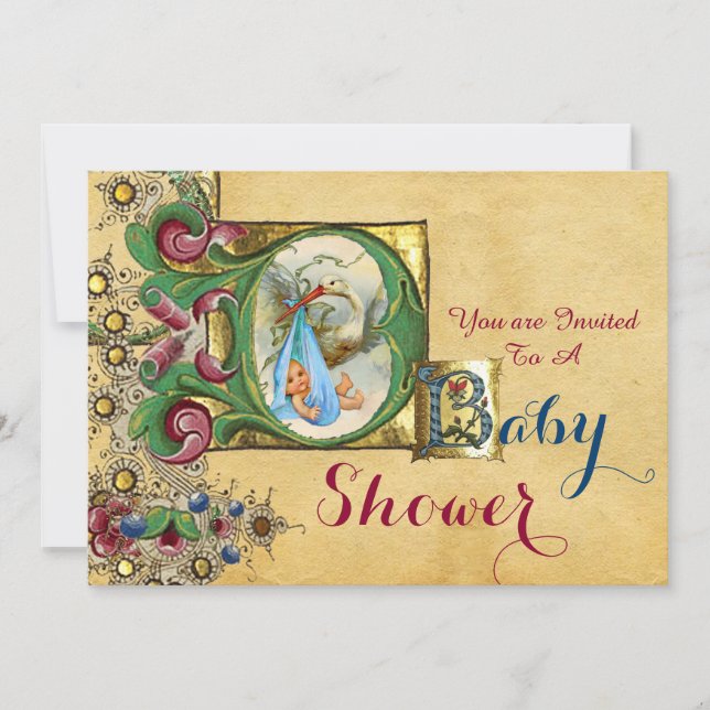 INVITATION STORK GARÇON BABY SHOWER PARCHEMENT FLORAL MONOGRA (Devant)