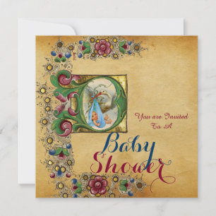 INVITATION STORK GARÇON BABY SHOWER PARCHEMENT FLORAL MONOGRA