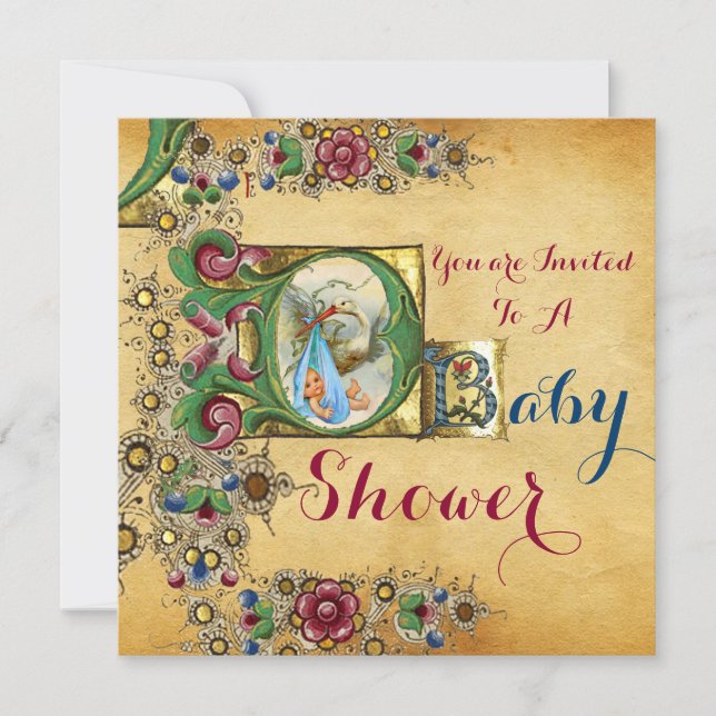 INVITATION STORK GARÇON BABY SHOWER PARCHEMENT FLORAL MONOGRA (Devant)