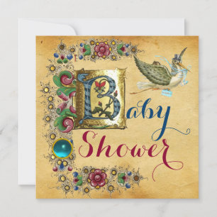 INVITATION STORK GARÇON BABY SHOWER PARCHEMENT FLORAL MONOGRA