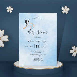 Invitation Stork garçon bleu baby shower mignon