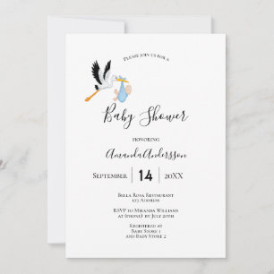Invitation Stork garçon bleu blanc mignon baby shower