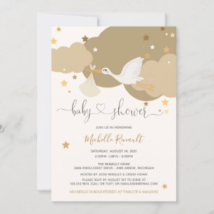 Invitation Stork Gold Baby shower neutre genre