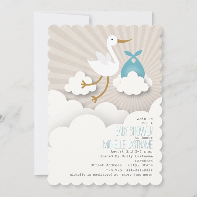 Invitation Stork In The Nuds Baby shower - Blue (Devant)