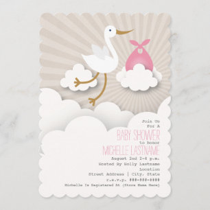 Invitation Stork In The Nuds Baby shower - Rose