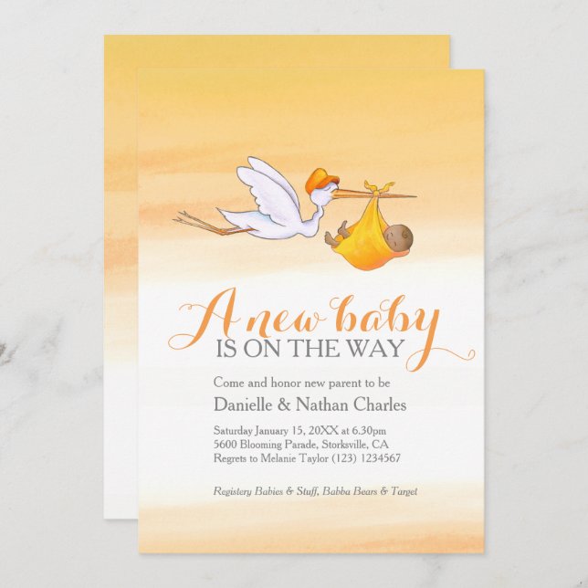 Invitation Stork nouveau bébé couple orange doré baby shower (Devant / Derrière)