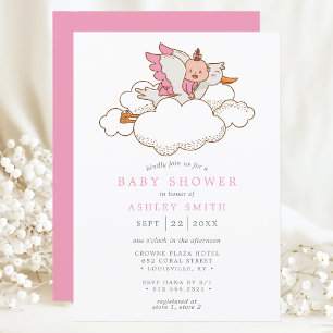 Invitation Stork nuages rose Oiseau Baby shower moderne fille