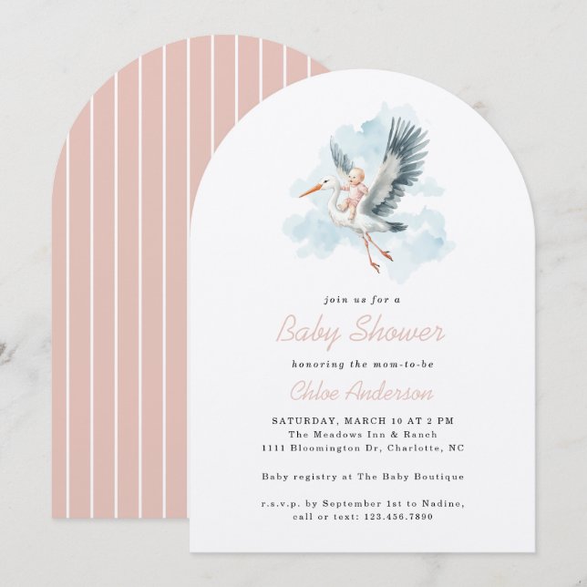 Invitation Stork rose bébé fille Baby shower d'aquarelle Arch (Devant / Derrière)