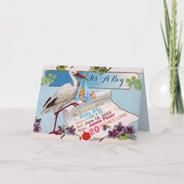 INVITATION STORK, SHAMROCK GARÇON BABY SHOWER DE NAISSANCE ST (Devant)