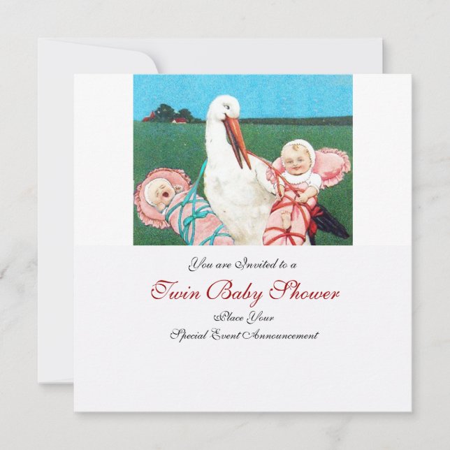 INVITATION STORK TWIN BABY GIRL DOUCHE (Devant)