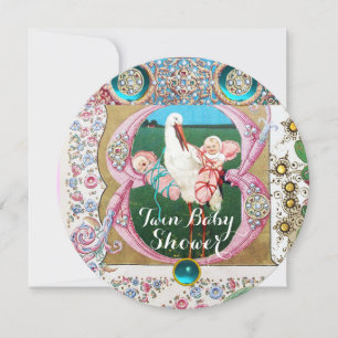 INVITATION STORK TWIN BABY GIRL DOUCHE, JEUX FLORAUX