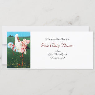 Invitation STORK TWIN BABY SHOWER blanc