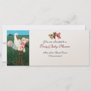 Invitation STORK TWIN BÉBÉ DOUCHE FILLE Champagne Métallique