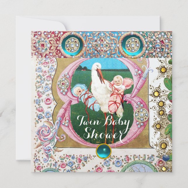INVITATION STORK TWIN GARÇON - BABY SHOWER FILLE, JEUX FLORAU (Devant)