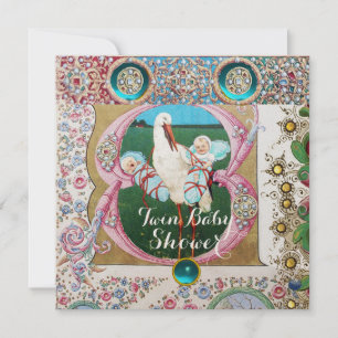 INVITATION STORK TWIN GARÇONS BABY SHOWER, JEUX FLORAUX