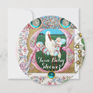 INVITATION STORK TWIN GARÇONS BABY SHOWER, JEUX FLORAUX