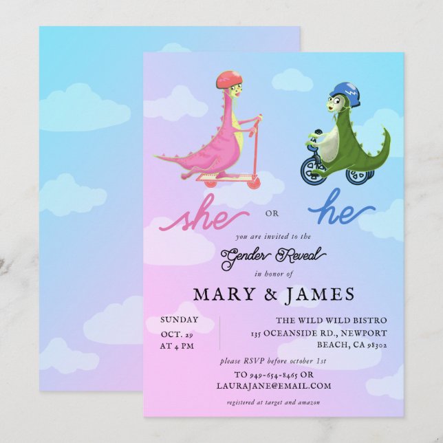 Invitation Storybook Dinosaures mignonette Parti de révélatio (Devant / Derrière)
