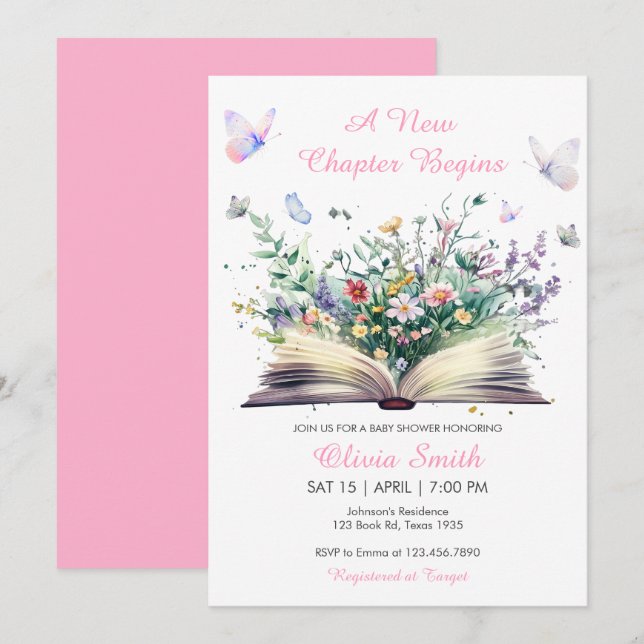 Invitation Storybook Floral Pink Un nouveau Baby shower de ch (Devant / Derrière)