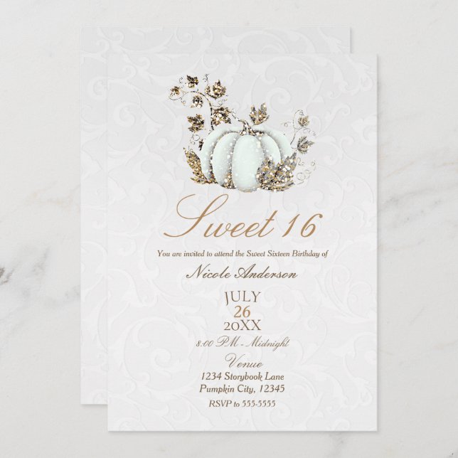 Invitation Storybook Gold White Citrouille Fairy Tale Sweet 1 (Devant / Derrière)