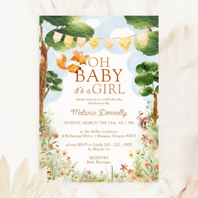 Invitation Storybook Woodland Fox Oh Baby Girl Douche (Créateur téléchargé)