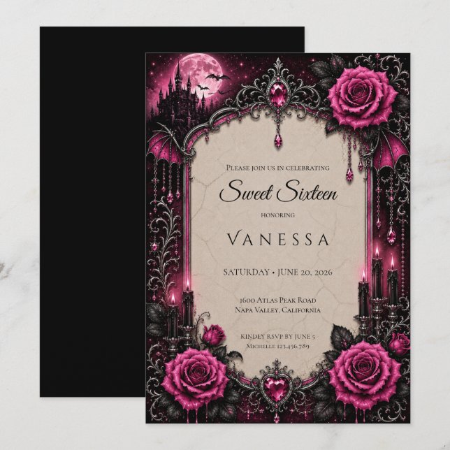 Invitation Strass Roses Luxueux Paillettes Douce 16 (Devant / Derrière)