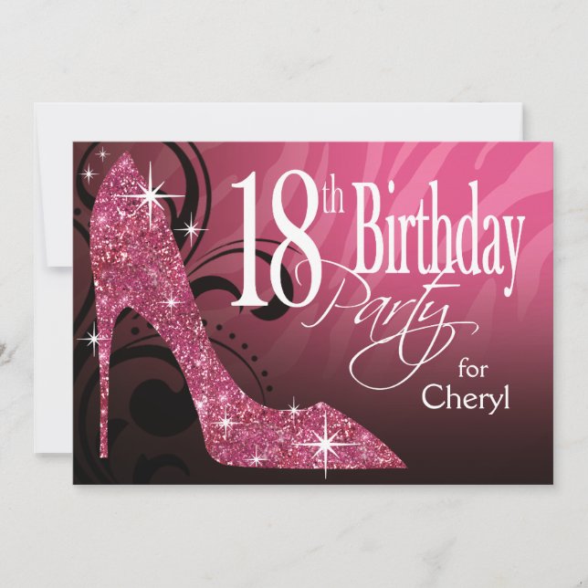 Invitation Strass Stiletto Zèbre 18ème Anniversaire rose (Devant)