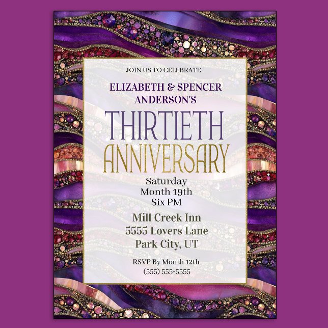 Invitation Strata de pierres précieuses violettes 30e anniver (Purple and Gold Jeweled Strata 30th Wedding Anniversary Party Invitation)