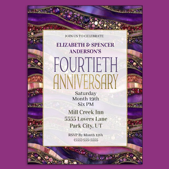 Invitation Strata de pierres précieuses violettes 40e anniver (Purple and Gold Jeweled Strata 40th Wedding Anniversary Party Invitation)