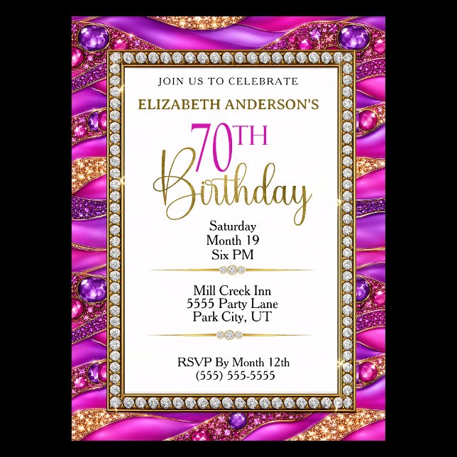 Invitation Strata en or rose glamour bijou pour 70e anniversa (Elegant pink, purple and gold jeweled 70th birthday party invitation with diamond accents.
)