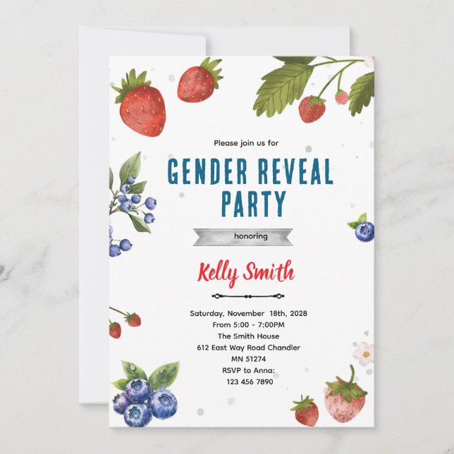 Invitation Strawberries and Blueberries Gender Reveal invite (Devant)