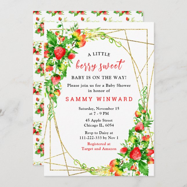 Invitation Strawberries and Daisies Baby Shower (Devant / Derrière)