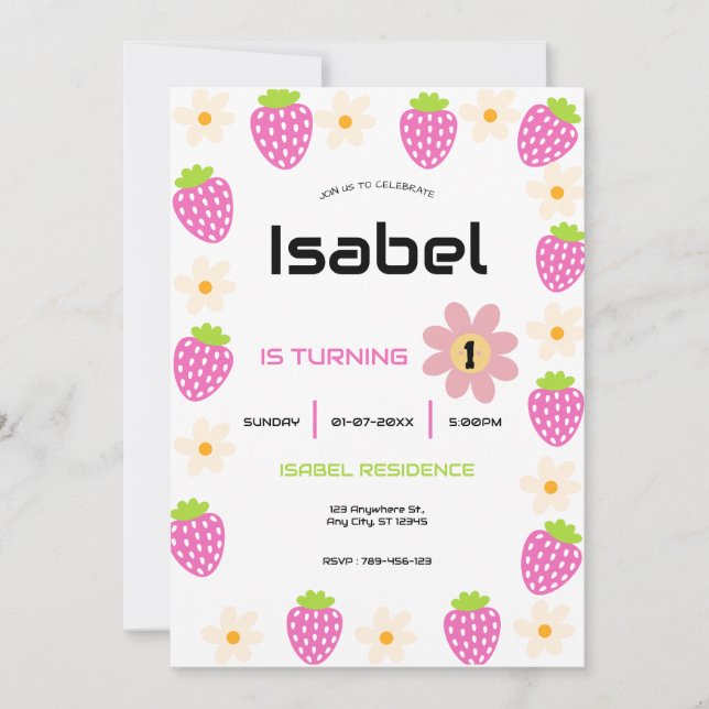 Invitation Strawberry 1st Birthday Invite First Berry Sweet (Devant)