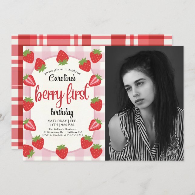Invitation Strawberry 1st Birthday Party Berry First Photo (Devant / Derrière)