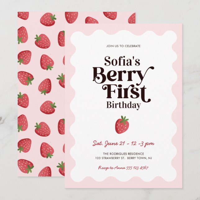 Invitation Strawberry Berry First Birthday (Devant / Derrière)