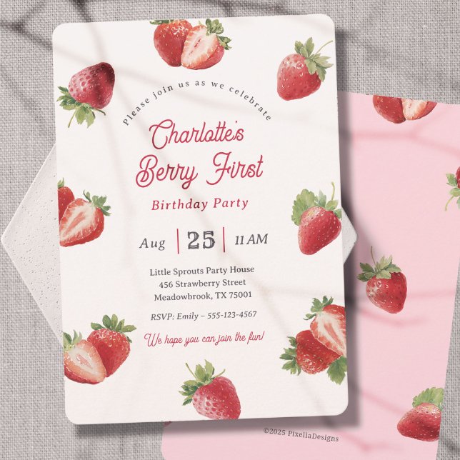 Invitation Strawberry Berry First Girl 1st Birthday (Modern Berry First-Strawberry Themed Girl 1st Birthday invitation for Spring Birthday party.)