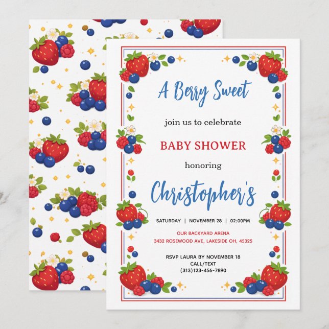 Invitation Strawberry Blueberry Berry Sweet Baby Shower (Devant / Derrière)