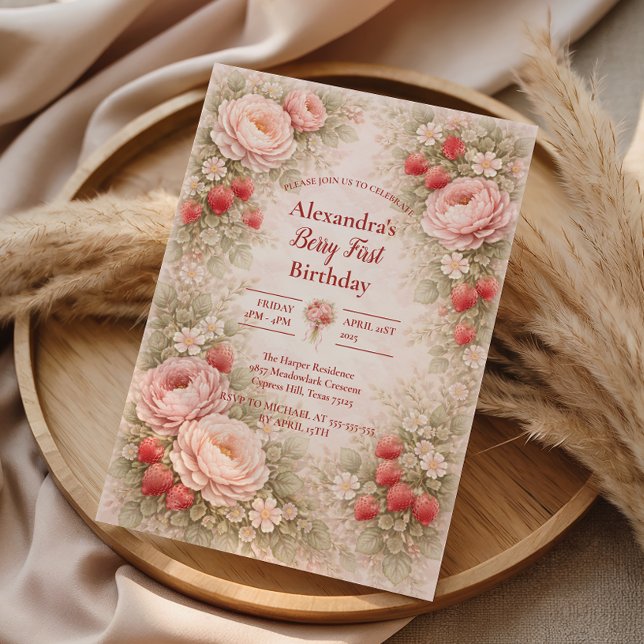 Invitation Strawberry Blush Garden Celebration 1st Birthday (Créateur téléchargé)