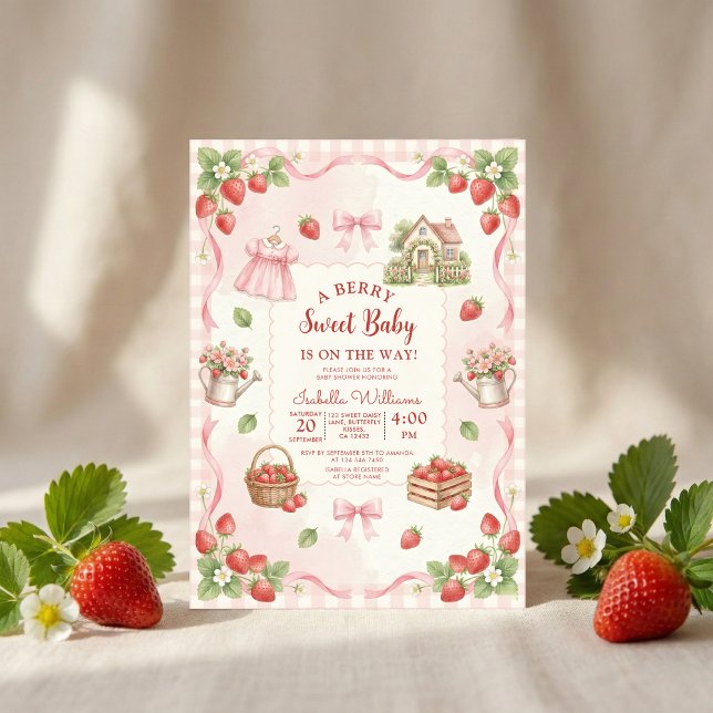 Invitation Strawberry bow baby shower First Berry Sweet (Créateur téléchargé)