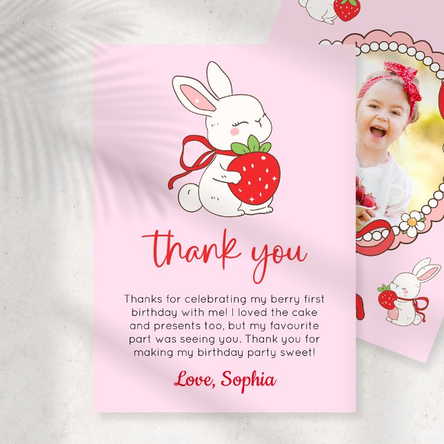 Invitation Strawberry Bunny 1st Birthday Photo Thank You Card (Créateur téléchargé)