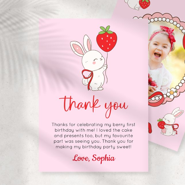 Invitation Strawberry Bunny Birthday Photo Thank You Card (Créateur téléchargé)