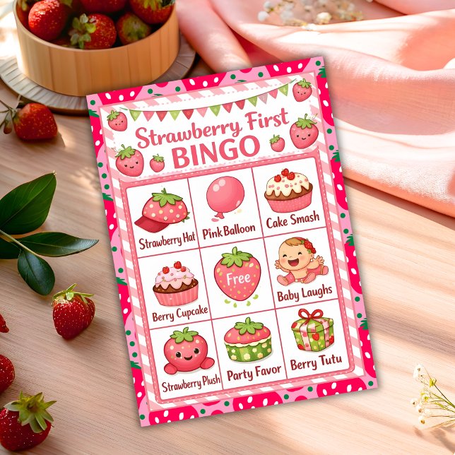Invitation Strawberry First Birthday Celebration Bingo Card (Créateur téléchargé)