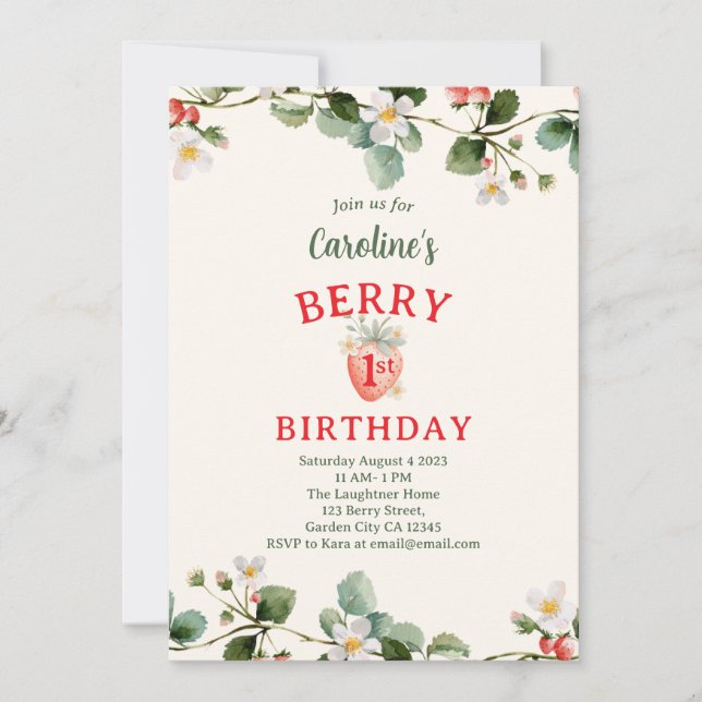 Invitation Strawberry Floral First Girls Birthday (Devant)